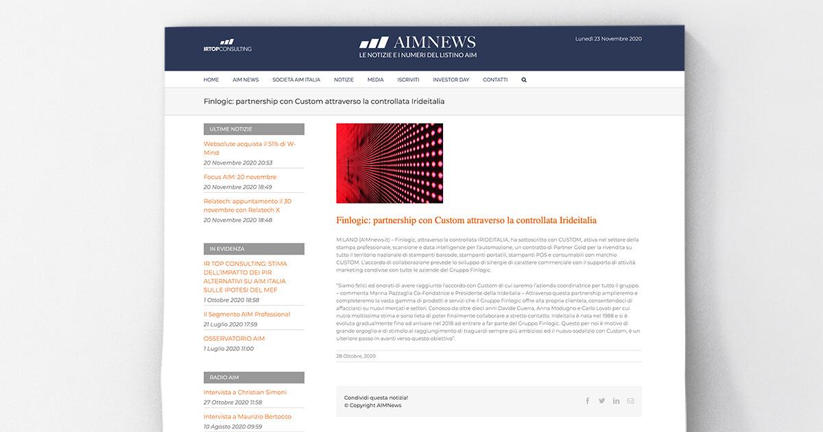AIMnews - Finlogic: partnership con Custom attraverso la controllata Irideitalia