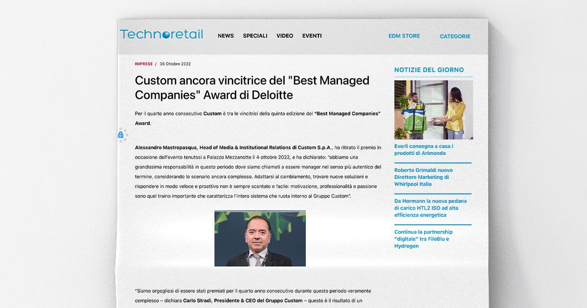 Technoretail - Custom ancora vincitrice del "Best Managed Companies" Award di Deloitte