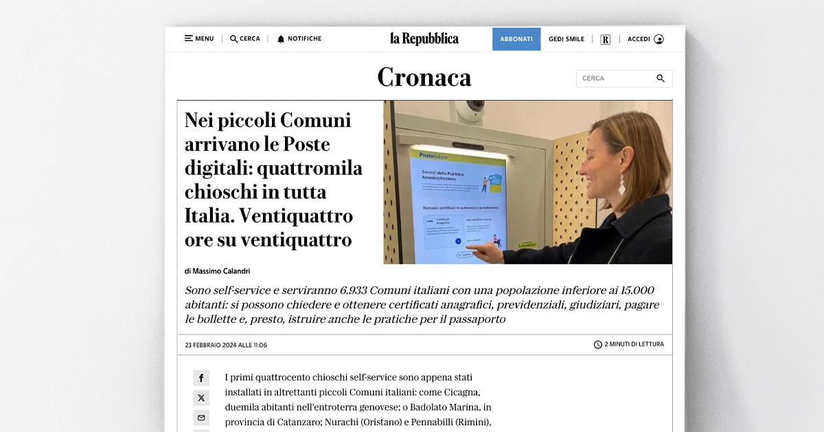 Repubblica - Nei piccoli Comuni arrivano le Poste digitali: quattromila chioschi in tutta Italia