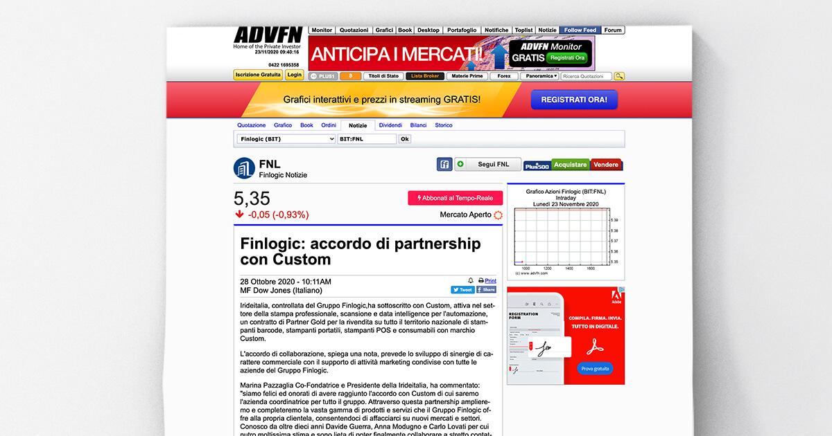ADVFN - Finlogic: accordo di partnership con Custom