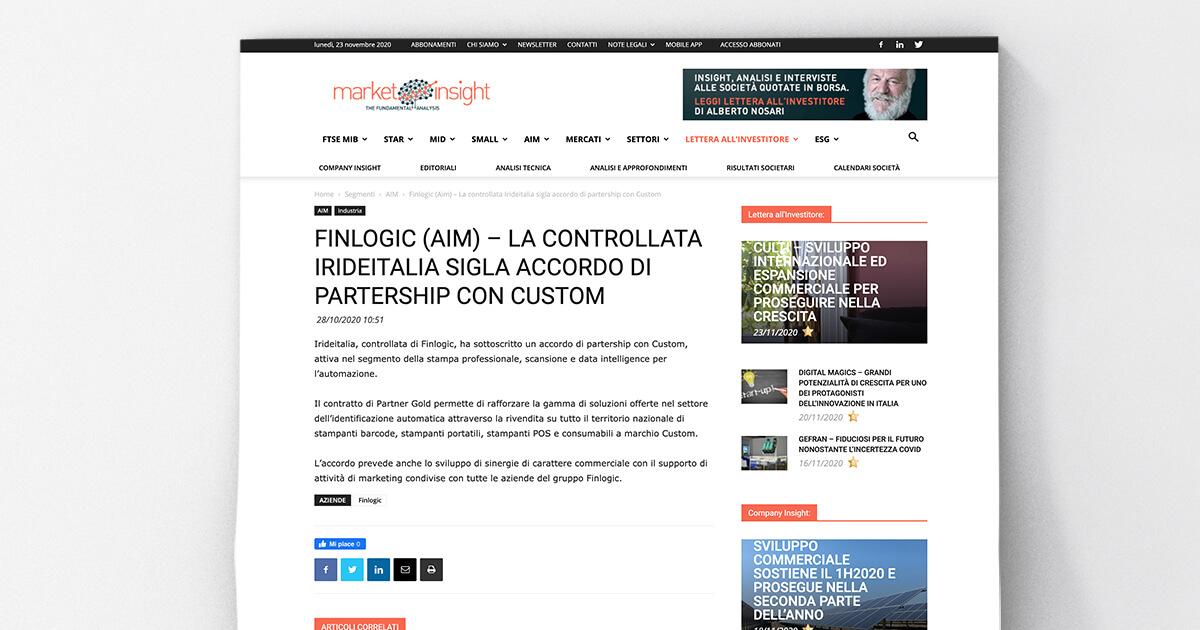 Market Insight - FINLOGIC (AIM): la controllata IRIDEITALIA sigla accordo di partnership con CUSTOM