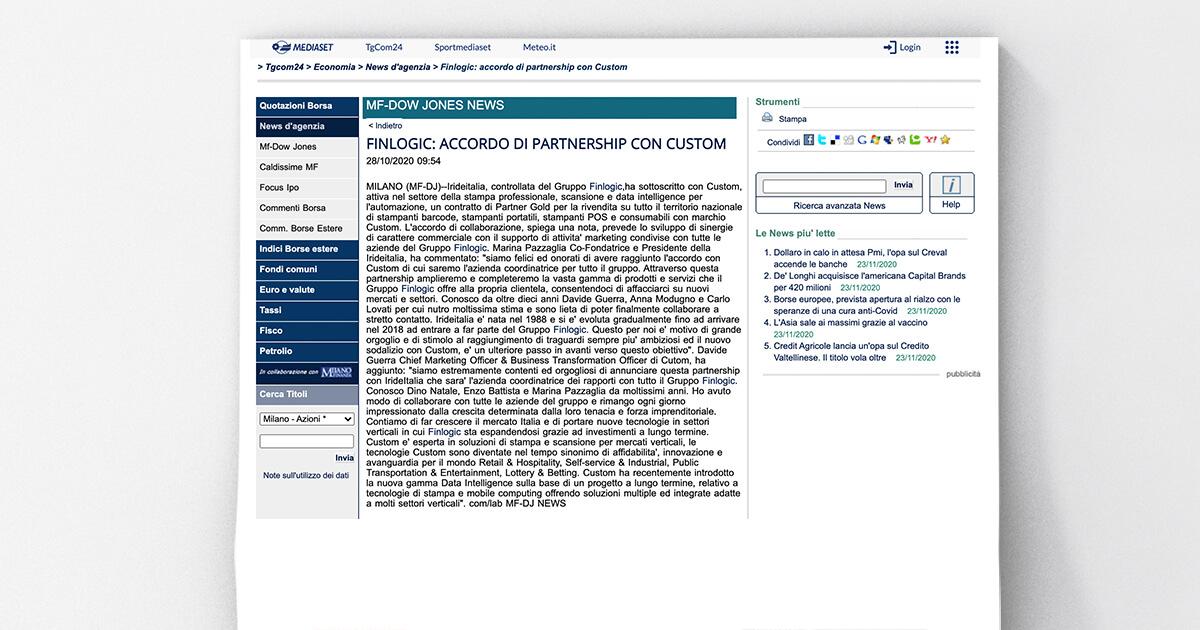 Tgcom24 - FINLOGIC: accordo di partnership con CUSTOM