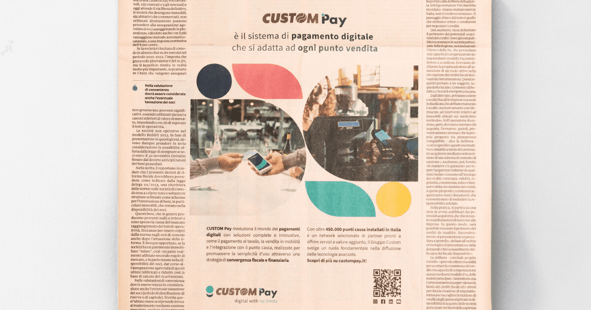 Il Sole 24 Ore - CUSTOM Pay è il sistema di pagamento digitale che si adatta ad ogni punto vendita