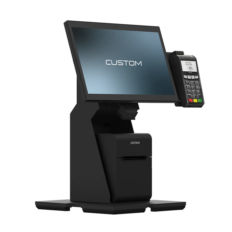 Custom Connect multifunctional stand with portrait monitor, receipt printer and payment terminal