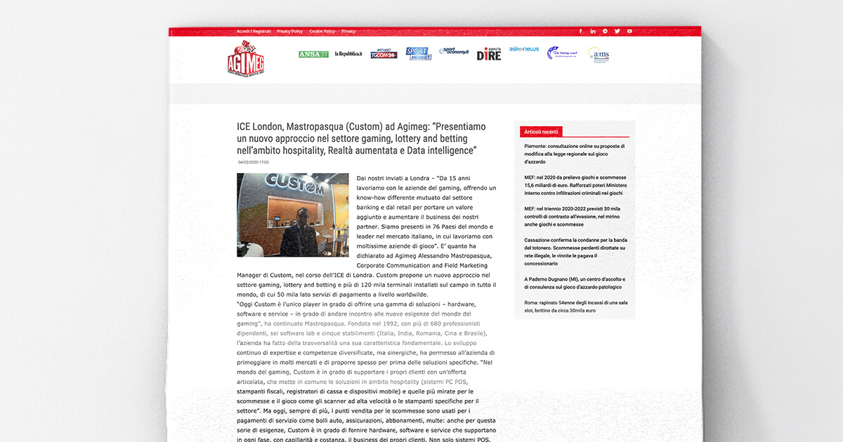 thumb_ICE London, Mastropasqua (Custom) ad Agimeg: “Presentiamo un nuovo approccio nel settore Gaming, Lottery e Betting nell’ambito Hospitality, Realtà aumentata e Data Intelligence”