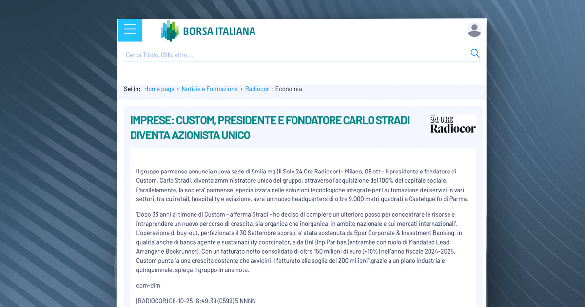 thumb_Borsa Italiana - Custom, presidente e fondatore Carlo Stradi diventa azionista unico